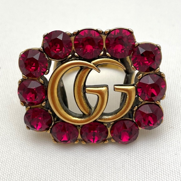 Gucci Jewelry - Gucci 605820 Gold Ruby Red Swarovski Crystal GG Marmont Logo Cocktail Ring SZ M